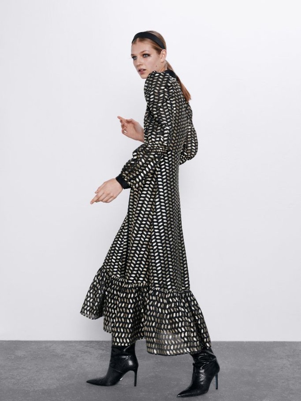 Zara black and gold Metallic Puff Sleeve Midi Shirt Dress